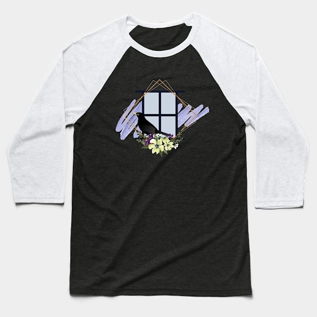 crow on window of flower Baseball T-Shirt by Color by EM